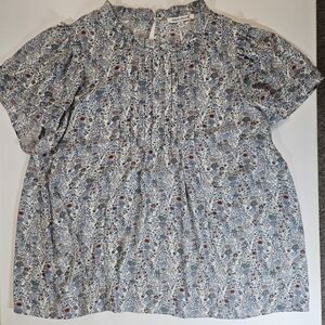 Rose & Olive Top Womens Size 2X Blue Green‎ Floral Pleated Peasant Cottagecore